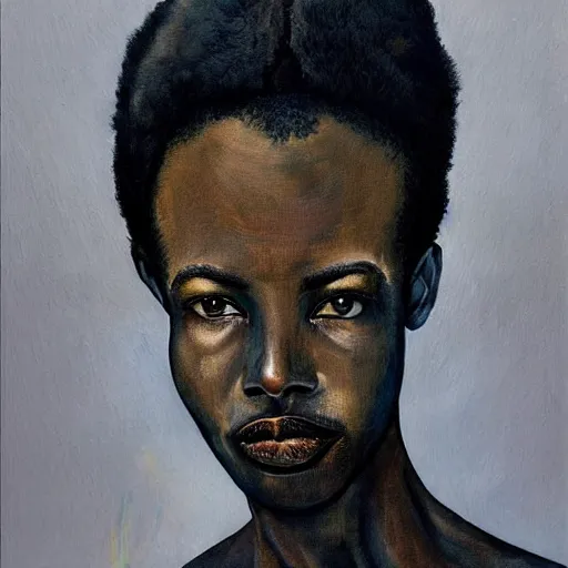 Image similar to a painting of a elegant, well fed, smooth-chinned, long nose, African, elder with few eyebrows by Wangechi Mutu . thinker without facial hair, thoughtful, focused, visionary, calm, jovial, loving, fatherly, generous, . dramatic angle, ethereal lights, details, smooth, sharp focus, illustration, realistic, cinematic, artstation, award winning, rgb , unreal engine, octane render, cinematic light, macro, depth of field, blur, red light and clouds from the back, highly detailed epic cinematic concept art CG render made in Maya, Blender and Photoshop, octane render, excellent composition, dynamic dramatic cinematic lighting, aesthetic, very inspirational, arthouse.