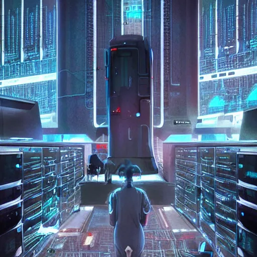 Prompt: professional painting of tiny people praying to monumental conscious supercomputer with huge - hologram - head!!!! in the center of endless colossal server room, trending on artstation, cyberpunk, sci - fi, futuristic, by greg rutkowski and maciej kuciara, high quality