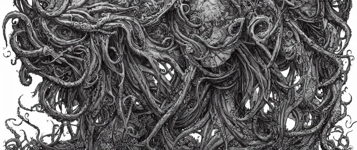 Image similar to centered horrifying detailed side view profile portrait of a insane, crazed, mad old bald zombie, cthulhu, eldritch abomination, dunwitch horror, ornate tentacles growing around, ornamentation, thorns, vines, tentacles, elegant, beautifully soft lit, full frame, 8 k by wayne barlowe, peter mohrbacher, kelly mckernan, h r giger