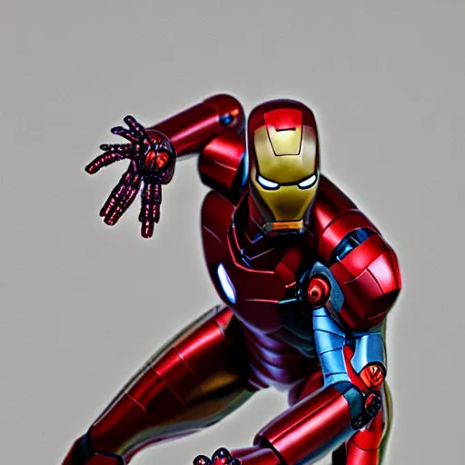 Prompt: a cybernetic spider with Iron Man armor. Jpeg artifacts. Full-color photo. Color color color color color. Award-winning photo. OM system 12–40mm PRO II 40mm, 1/100 sec, f/2 8, ISO 800