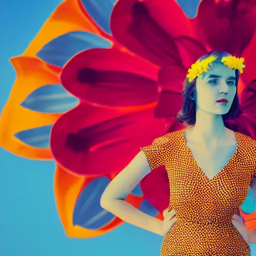 Image similar to giant flower head, frontal, girl standing in mid century hotel, surreal, symmetry, bright colors, cinematic, wes anderson