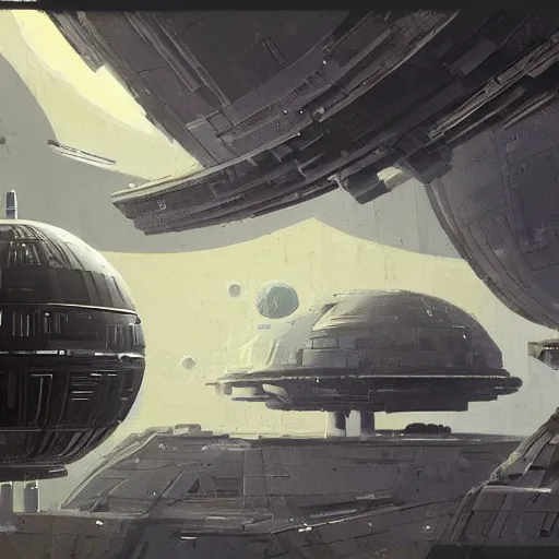 Prompt: a super structure inspired by the death star floating in the space, with spaceship coming to it, by ian mcque and neil blevins