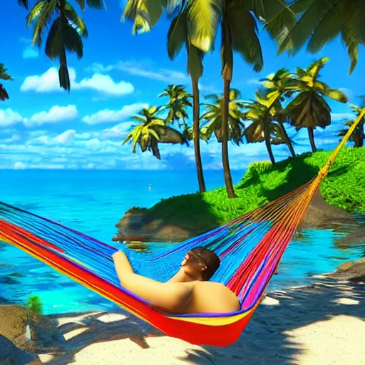 Image similar to laguna. clear blue water. sun shine. colourful birds. paradise. beach. palm trees. a hammock, 8 k, epic scene, scifi, unreal engine, trending on cg station. masterpiece.