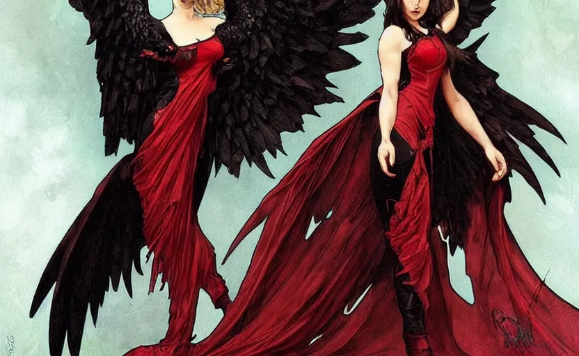 Image similar to Female dark angel in gothic red and black dress, their black wings are extended. By artgerm and greg rutkowski and alphonse mucha