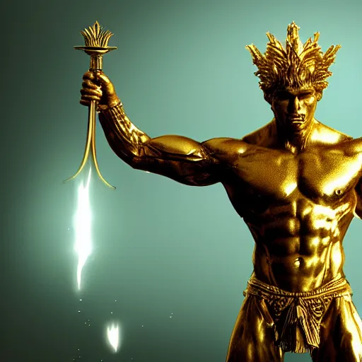 Image similar to golden god, muscular, throne, glow, fantasy, octane render, epic, award winning