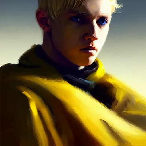 Prompt: blonde boy with yellow eyes, wearing a brown cape, closeup, powerful, space background, oil painting, brush strokes, greg rutkowski