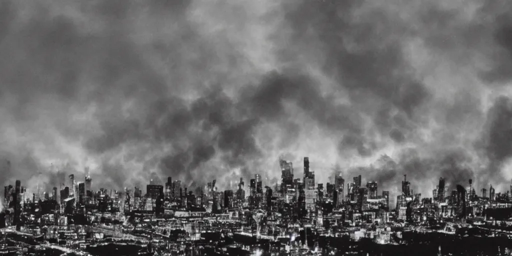 Prompt: diseselpunk skyline engulfed in flames, wide angle shot, 120 black and white film