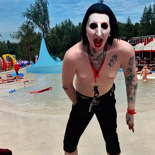 Image similar to marilyn manson working as a lifeguard at the waterpark