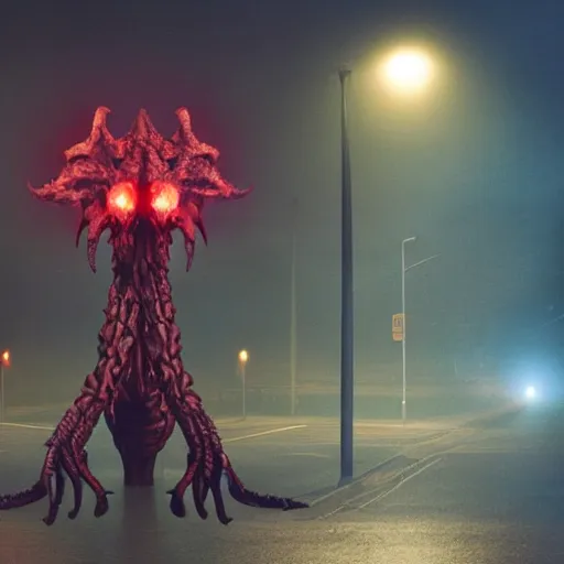 Prompt: Demogorgon from stranger things in a city at night, with fog, and a street lamp illuminating the Demogorgon