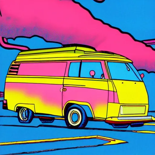 Prompt: campervan near the ocean, 80's anime style