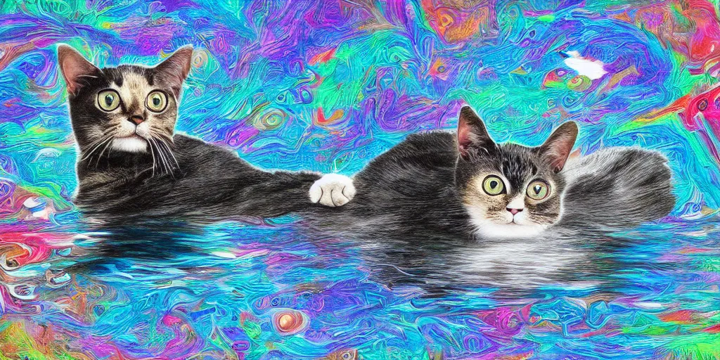 Prompt: a cat that has been dancing on the surface of the water, digital art