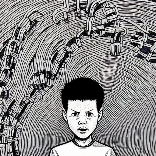 Image similar to illustration of a boy connected to his laptop with hundreds of wires, highly detailed, by butcher billy, mcbess, rutkowski, artgem, james jean, 8 k, photorealistic