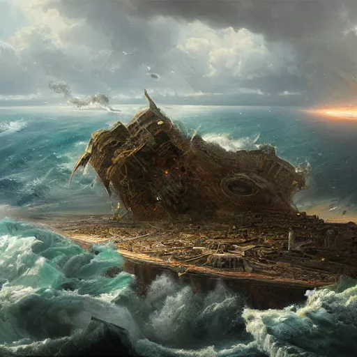 Prompt: Panorama view at a hurricane throwing ruined pieces from an ancient city around, flying island, oil painting, by Greg Rutkowski