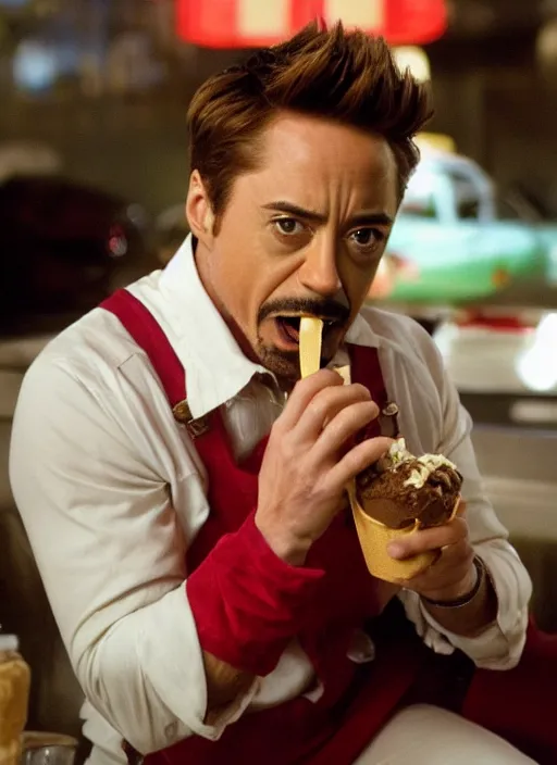 Image similar to a full portrait photo of robert downey jr eating ice cream in movie iron man, f / 2 2, 3 5 mm, 2 7 0 0 k, lighting, perfect faces, award winning photography.