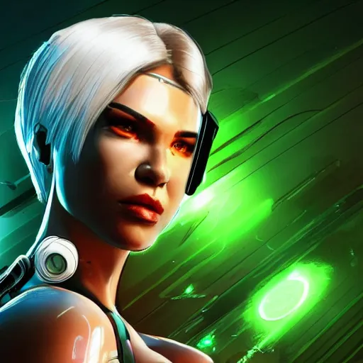 Image similar to Cyborg Lara Croft with white hair, green eyes, exploring futuristic base, Deus Ex elegant clothes, illuminated by surrounding lights, high quality, highly detailed