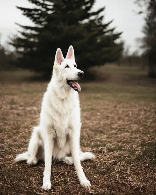 Image similar to An extremely dynamic studio photo of a white German Shepherd dog, bokeh, 90mm, f/1.4