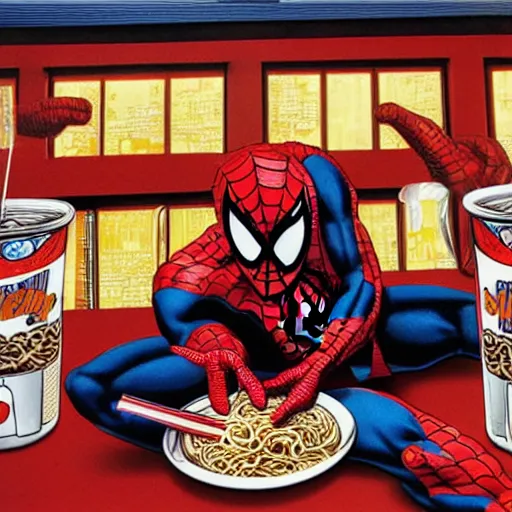 Prompt: spiderman eating ramen at dunkin donuts, H.R. Giger