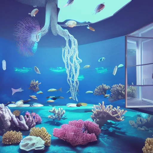 Image similar to photo of the modern fashionable room as aquarium with a chandelier as a big jellyfish, beautiful corals on the walls and dangerous sharks on the big panoramic window, a lot of gleans, under the ocean, realistic colors, realistic shadows, daylight made in blender and cinema 4 d, hd, 3 d by beeple and by greg rutkowski