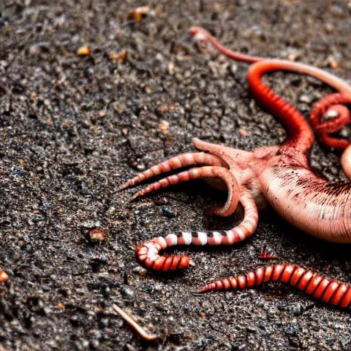 Prompt: earthworm octopus dragging a dead squirrel across a sidewalk on rainy day, leaving streak of red slime, macro photography, hd, ultra 4 k realistic