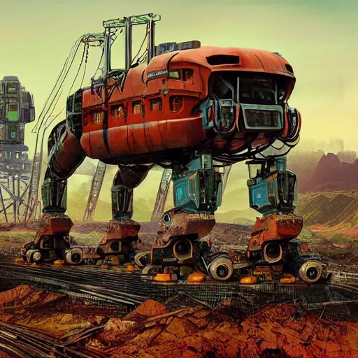 Image similar to giant quadrupedal mining machine, four legs, highly detailed body, industrial, photorealistic camera shot, in the style of simon stalenhag