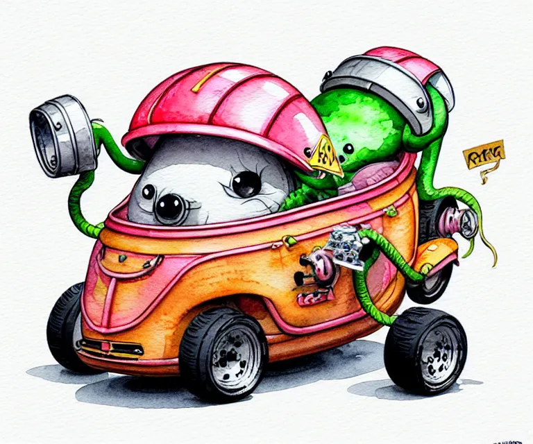 Image similar to cute and funny, mangalitsa wearing a helmet driving a tiny hot rod with an oversized engine, ratfink style by ed roth, centered award winning watercolor pen illustration, isometric illustration by chihiro iwasaki, edited by craola, tiny details by artgerm and watercolor girl, symmetrically isometrically centered