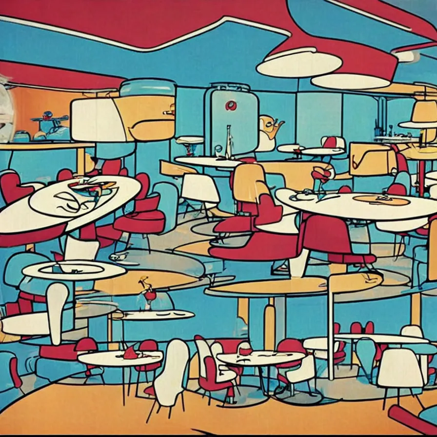 Image similar to concept art of jetsons cartoon indoor 5 0 s modern dinning room, painted by charlie harper