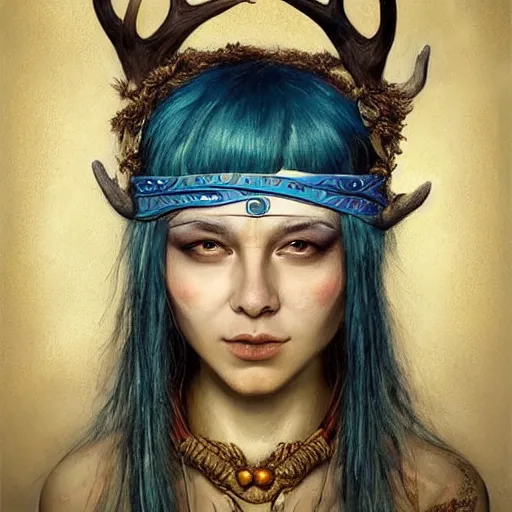 Prompt: a young female shaman, blue hair and antlers on her head. blindfolded, heilung, in the style of heather theurer, headshot photoshoot, insanely detailed and intricate, beautiful, elegant, cinematic toplight, portrait, headroom, artstation, karol bak, karol bak, karol bak