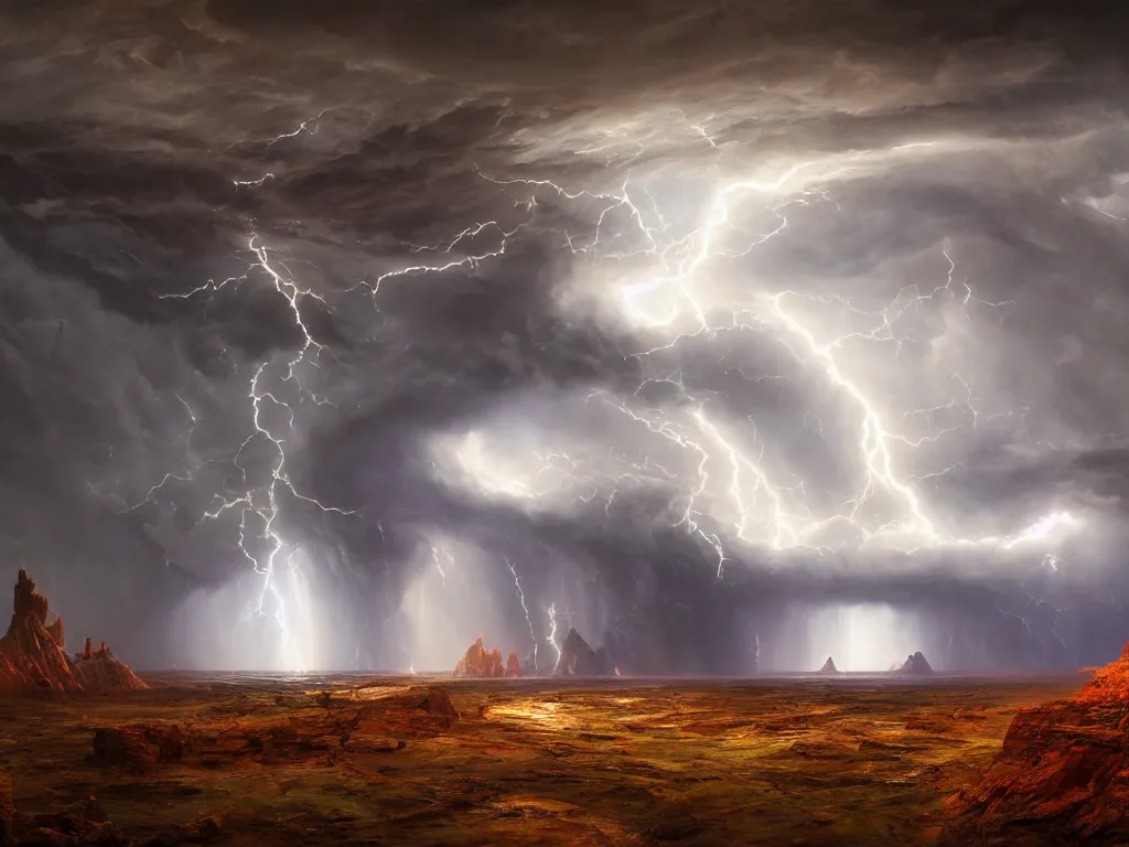 Prompt: a giant stormy rift in reality opens over a mesa, award-winning, trending on artstation, oil on canvas, masterpiece, matte painting