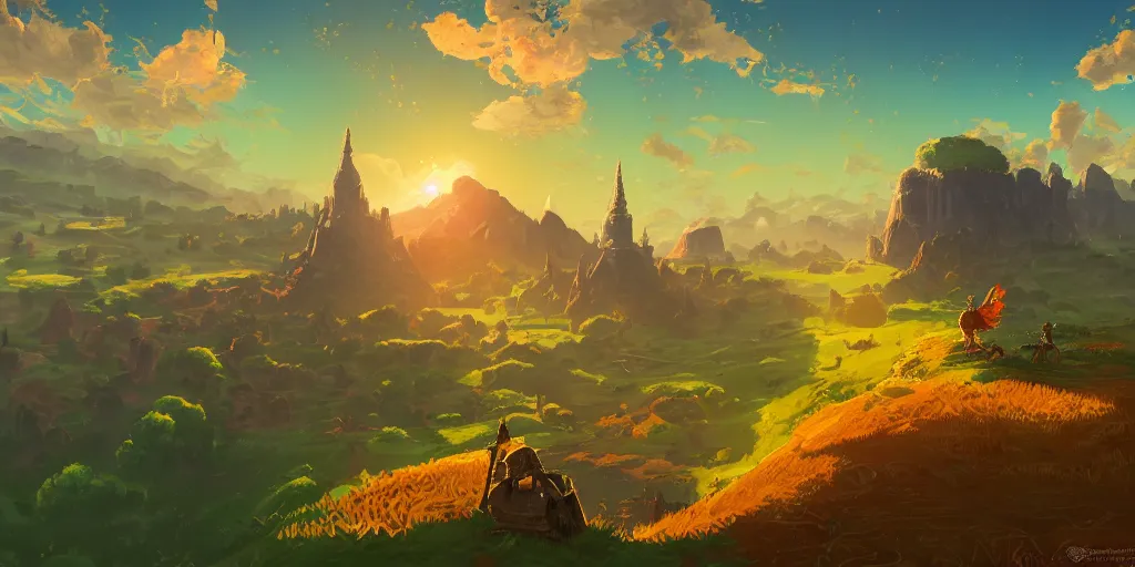 Image similar to a beautiful digital matte painting of a verdant fantasy countryside, breath of the wild, hyrule, inspired by cyril rolando, david wiesner, many golden layers, orange color tone, very far royal steampunk castle, cgsociety, dappled sunlight, trending on artstation, azure sky