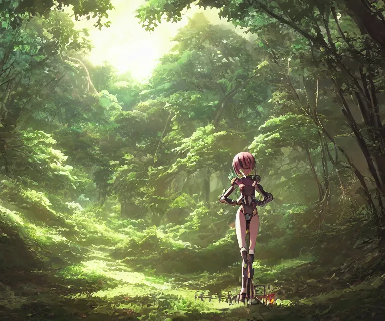 Prompt: robot in a forest, anime fantasy illustration by tomoyuki yamasaki, kyoto studio, madhouse, ufotable, comixwave films, trending on artstation