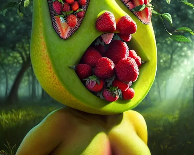 Image similar to a fruit monster made of different fruit, 3 7 1, walking around in forest, detailed mouth, detailed eyes, forest background, trees and flowers, trees in foreground, rays of golden sunlight, oil painting, highly detailed, dramatic lighting, hyperrealistic, smooth, intricate, artstation, cgsociety, by artgerm, by wlop