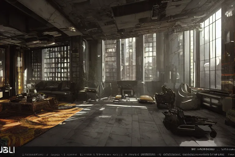 Image similar to cyberpunk workshop, liminal space, high detail, rendered in unreal engine, 3d render, god rays, volumetric lighting, mansion, interior, large windows, rich house