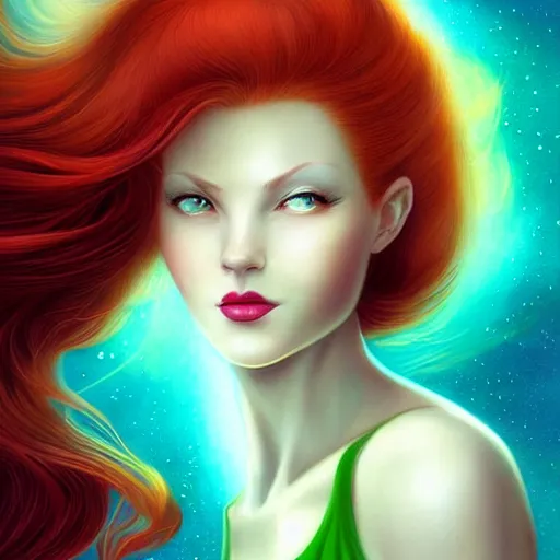 Image similar to Redhead Pleiadian alien human beautiful hybrid feminine woman, long gorgeous red hair in loose curls, with stunning green eyes, cute round face and a roundish nose, as a retro futuristic heroine, gorgeous digital painting, artstation, concept art, smooth, sharp focus, illustration, art by artgerm and donato giancola and Joseph Christian Leyendecker, Ross Tran, WLOP