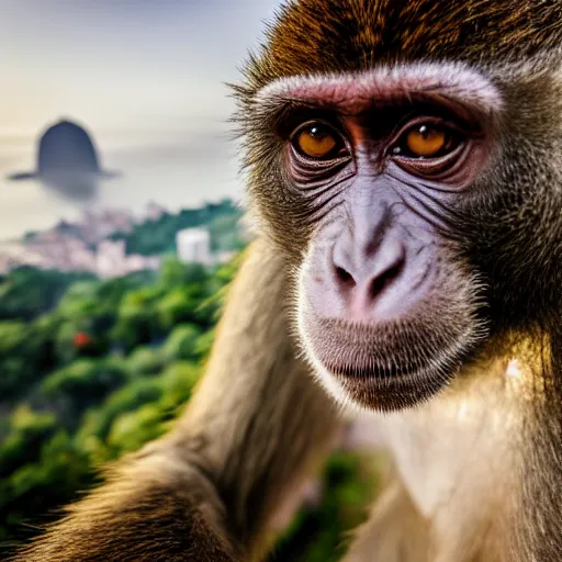 Image similar to high quality portrait of a monkey in front of Christ The Redeemer, studio photograph, photograph, realistic photo, 8k photo, 4k photo, stock photo, high resolution, cinematic shot, high detail