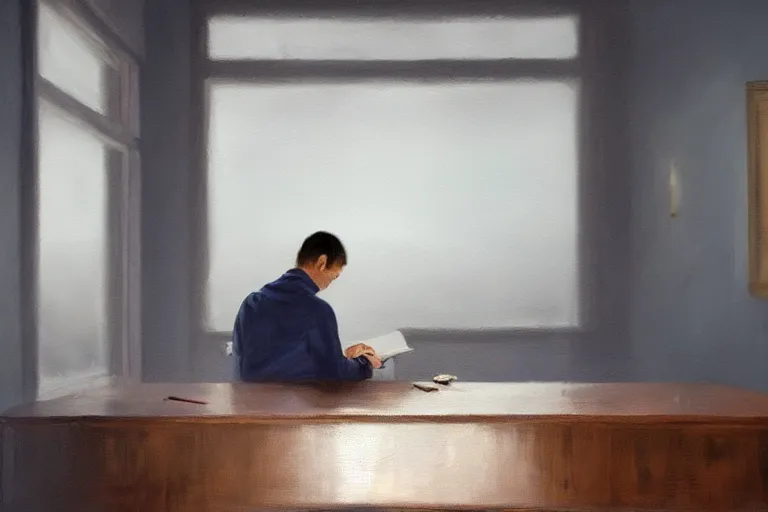 Prompt: a painting of a man writing in a large tome in a foggy room by jama jurabaev, cinematic shot, trending on artstation, high quality, ultra realistic, blue color theme