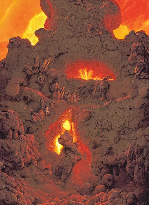 Image similar to armadillo in lava cave, explosions, lava flows, dynamic action, by lawrence alma - tadema and zdzislaw beksinski and norman rockwell and jack kirby and tom lovell and greg staples