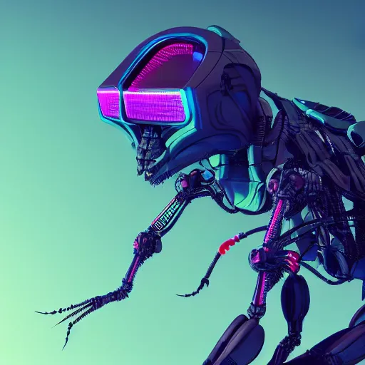 Image similar to synthwave cyborg insect, detailed face, sharp focus, synthwave art, aesthetic, octane render, raw, cinematic