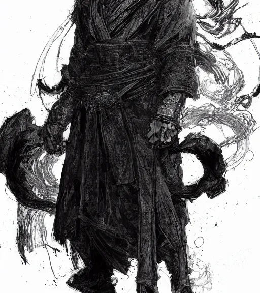 Image similar to portrait of anime giga chad with long hair wearing a dark robe, pen and ink, intricate line drawings, by craig mullins, ruan jia, kentaro miura, greg rutkowski, loundraw