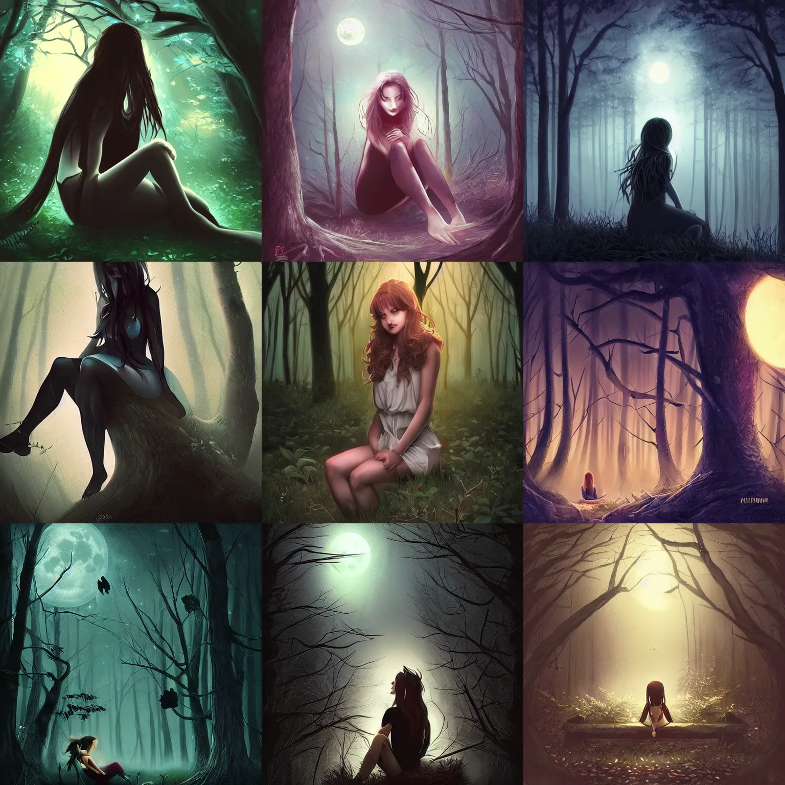 Prompt: dark forest at night illuminated by moonlight, in the corner of the image there is a beautiful girl sitting in a tree, in the style artgerm, digital art, trending