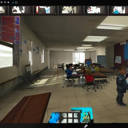 Image similar to screenshot of video game call of duty, inside elementary school, children are sat down at their desks learning