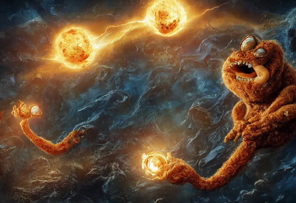 Image similar to eldritch horror bloody garfield in space, hd, 8 k, giant, epic, realistic photo, unreal engine, prophecy, powerful, cinematic lighting, destroyed planet, debris, violent, sinister, ray tracing, dynamic, epic composition, dark, horrific, teeth, grotesque, monochrome drawing, hellscape, corpses, foreboding, lightning, garfield cartoon eyes