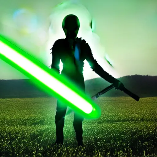 Image similar to an alien is standing in a field with a green lightsaber