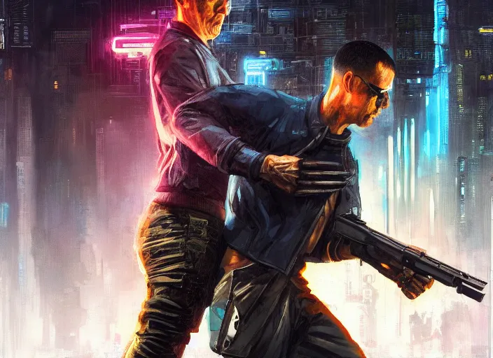 Prompt: ezra defeats sgt griggs. cyberpunk assassin knocking out menacing cop ( blade runner 2 0 4 9, dystopian, cyberpunk 2 0 7 7 character design ). epic painting by james gurney and laurie greasley, oil on canvas. cinematic, hyper realism, realistic proportions, anatomy, dramatic lighting, high detail 4 k