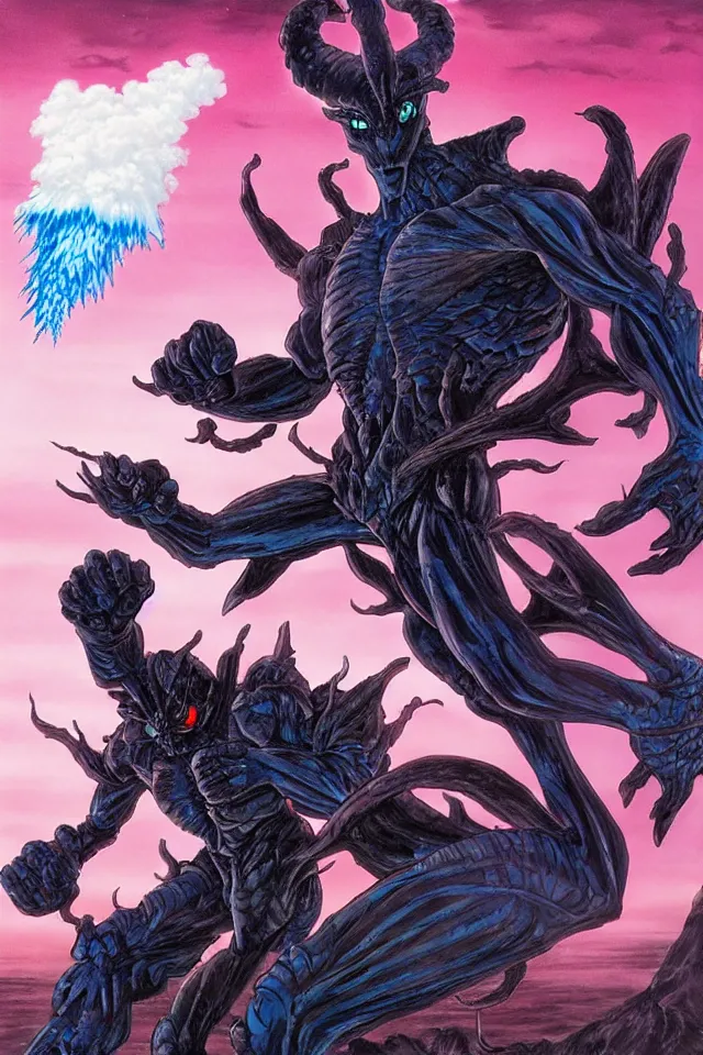 Image similar to The Dark Guyver Battles Kaiju On An Alien Planet With A Volcano Erupting In The Background,Full Figure,s Yasushi Nirasawa Cartoon Anime Style