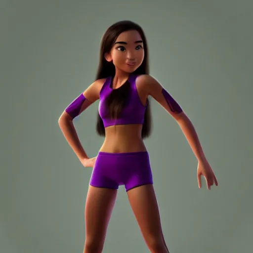 Image similar to young beautiful athletic Filipino woman with long hair posing, depicted as adult Pixar character, high quality cg render, 4k