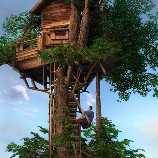 Prompt: a photorealistic dramatic fantasy render of a man building a beautiful tree house