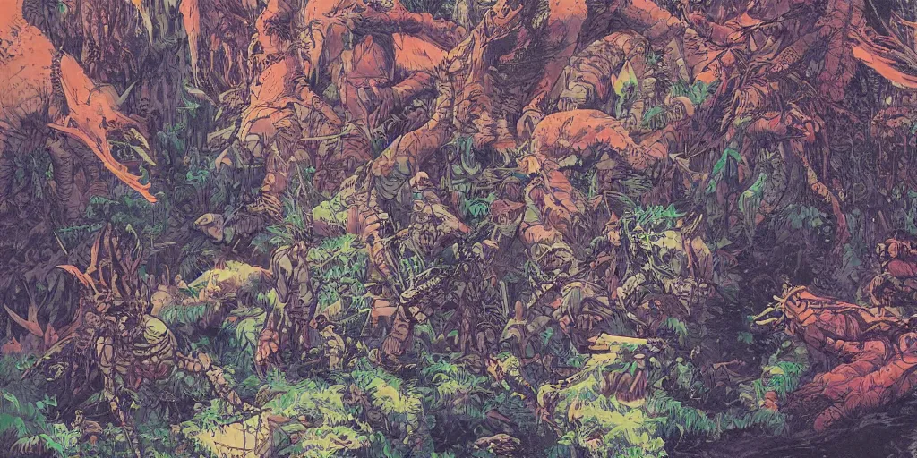 Prompt: a close - up grainy risograph, painting of a scene from horizon zero dawn + hyper light drigter, machine monsters, mechas, dense forest, by moebius and kim jung gi and satoshi kon