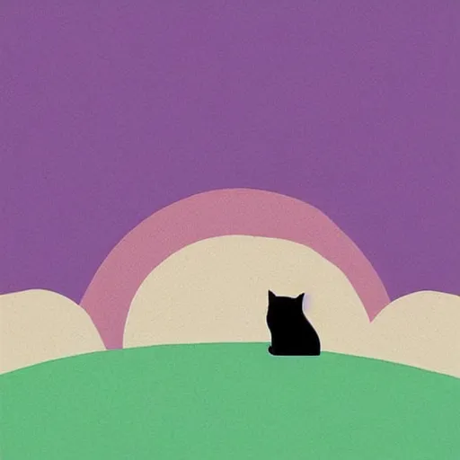 Prompt: minimalist illustrations that depict cats as part of colorful landscapes