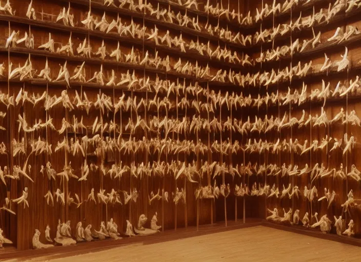 Prompt: realistic photo of the sparrows made of wood, polished and wooden, standing in the wooden room full of wood. displays are shiny 1 9 9 0, life magazine reportage photo