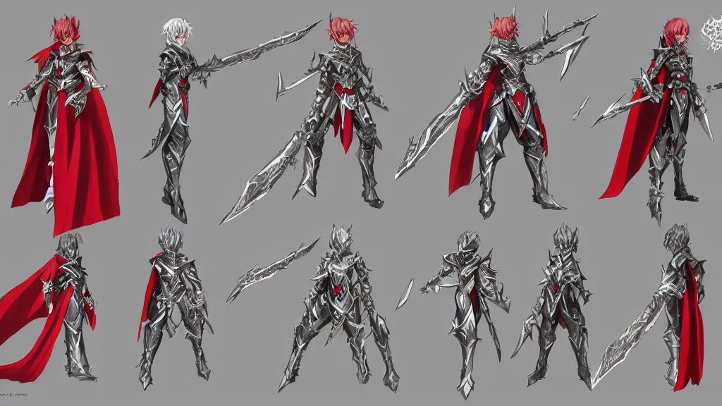 Image similar to Azure Makai Knight from Golden Knight Garo character design sheet, intricate trident weapon, red cape, trending on artstation